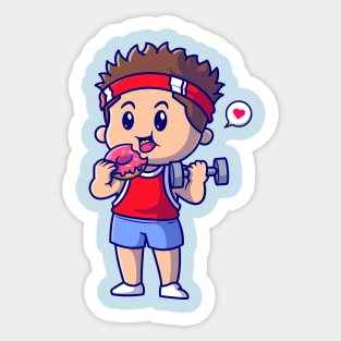 Cute Boy Lifting Barbell And Eating Doughnut Cartoon Sticker